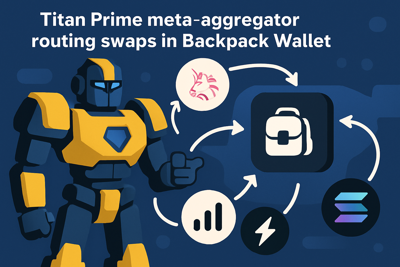 Illustration of Titan Prime meta-aggregator routing real-time token swaps inside Backpack Wallet on Solana blockchain