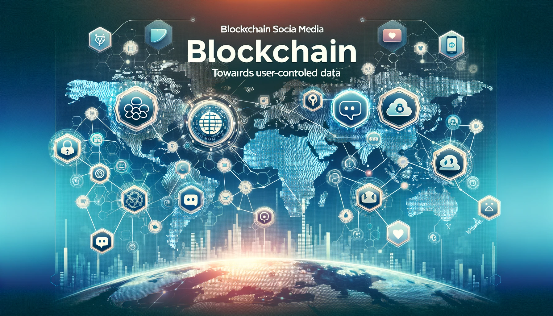 Illustration of users earning on-chain reputation points through social media engagement, with connections to blockchain nodes, representing SocialFi and decentralized governance.