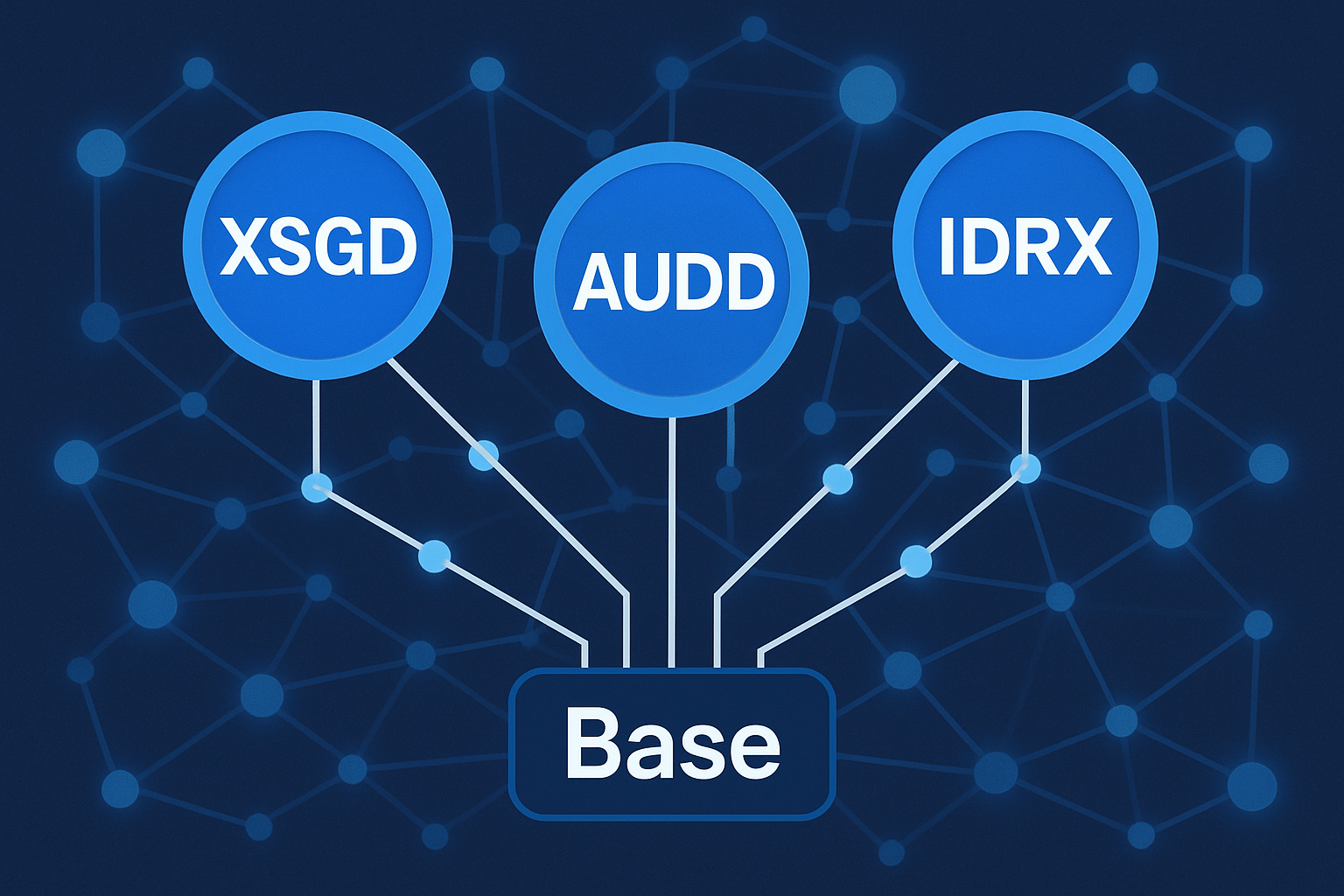 Illustration of XSGD, AUDD, and IDRX stablecoins represented as digital tokens flowing across the Base blockchain network, symbolizing cross-border transactions and DeFi integration.