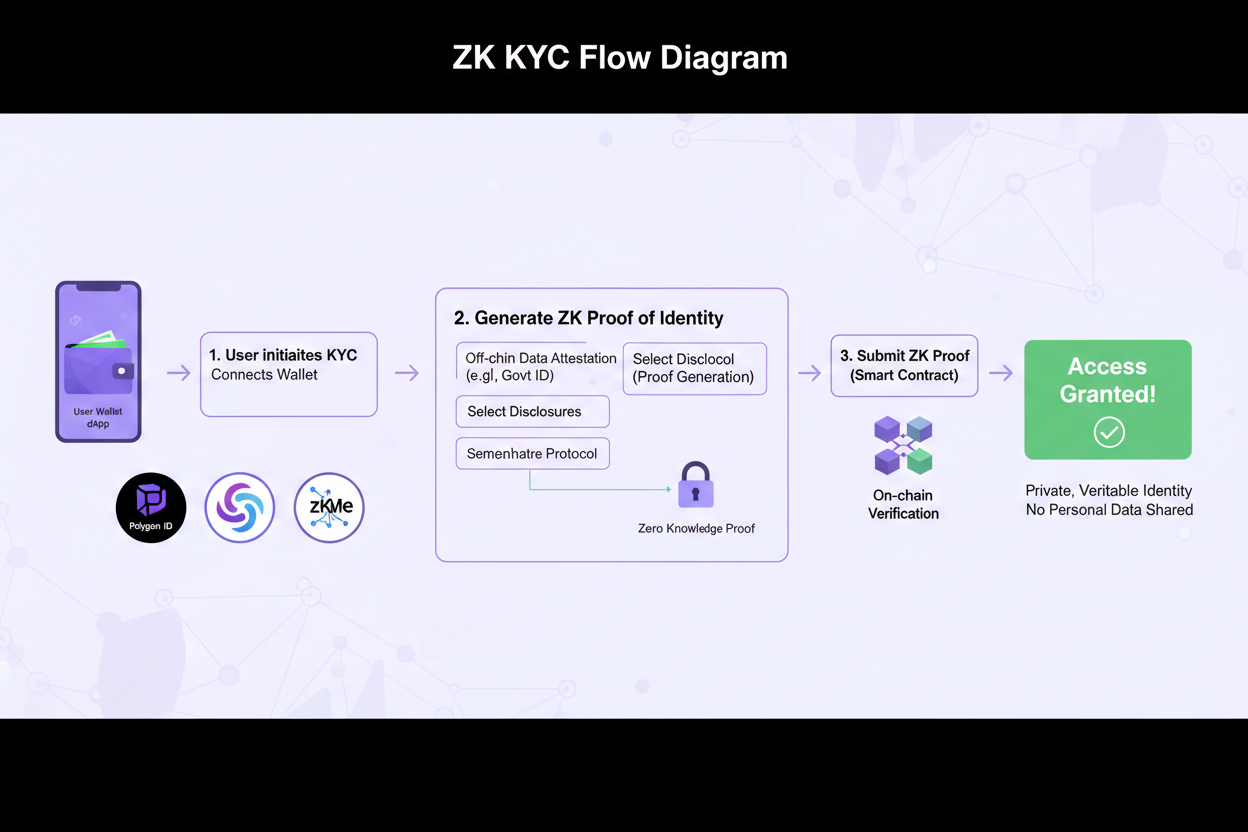 Illustration of ZK KYC verification flow from decentralized identity wallet to dApp using zero-knowledge proofs for privacy-preserving compliance without data exposure, featuring tools like zkMe Polygon ID Sismo