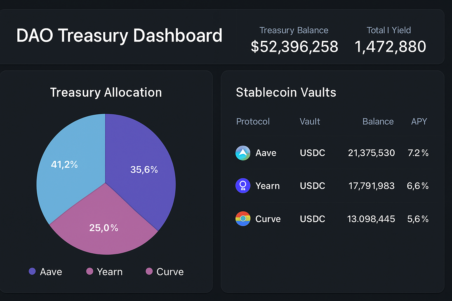 DAO treasury dashboard illustrating stablecoin allocations to Aave V3, Yearn Finance, and Curve vaults with real-time on-chain yields for 2025 strategies
