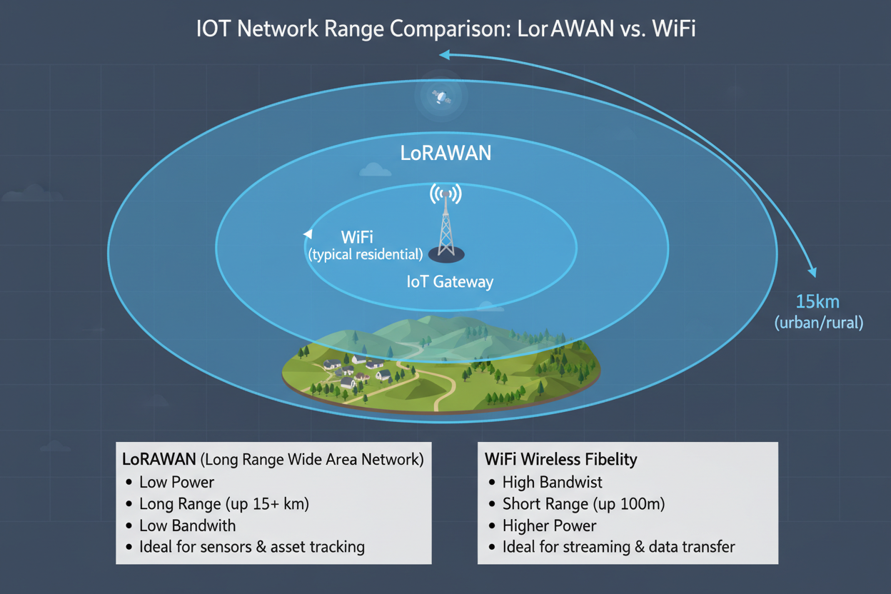 Infographic diagram comparing LoRaWAN long-range coverage up to 15km rural vs WiFi 50m indoor and 1km HaLow for IoT deployments in Helium network