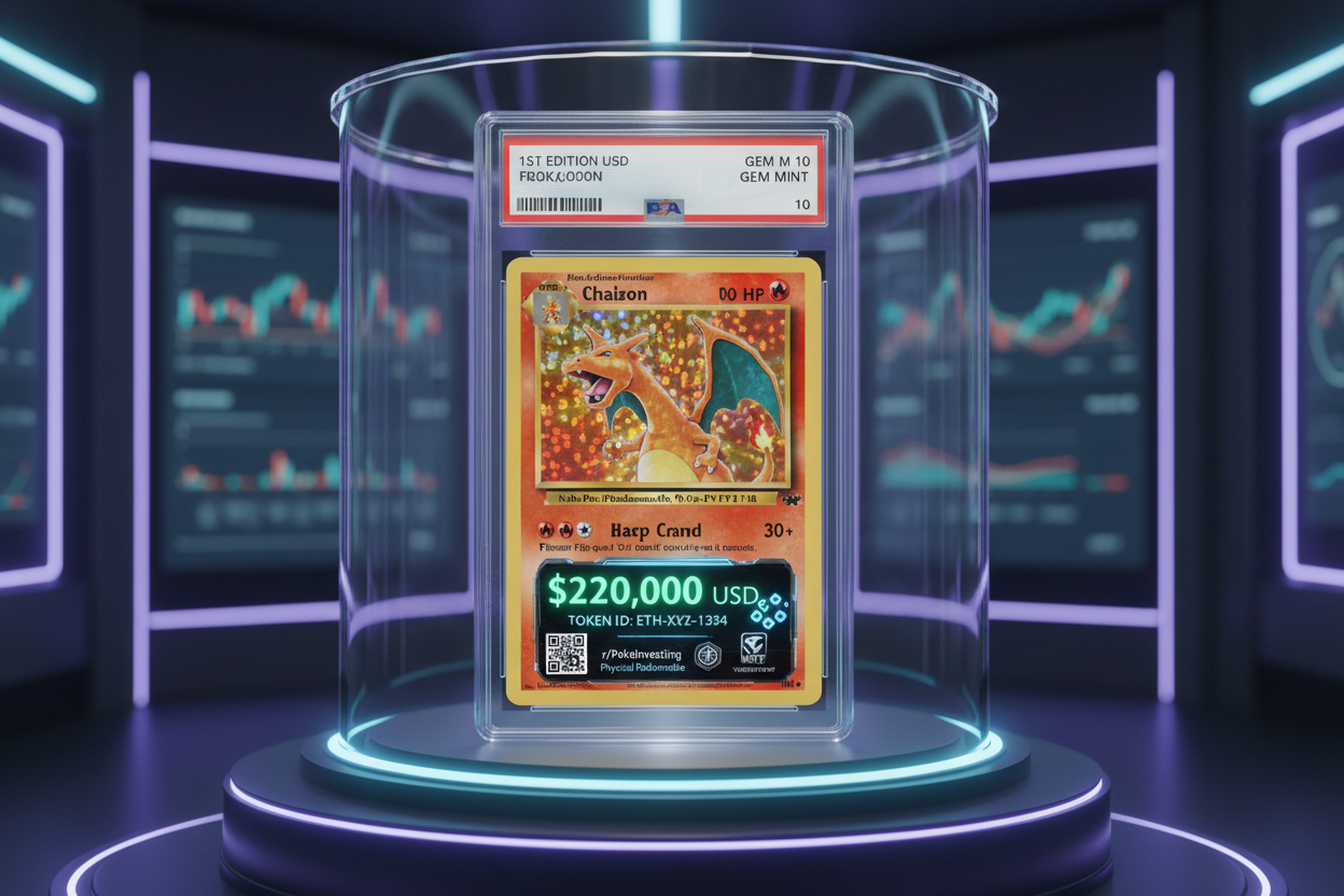 $220k tokenized Pokémon Charizard card from Reddit r/PokeInvesting showcasing redeemable physical ownership details for RWA tokenization on tcgonchain.com