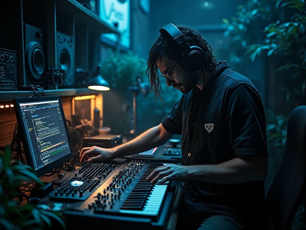 Indie artist in a home music studio using a laptop to tokenize music royalties on a blockchain platform