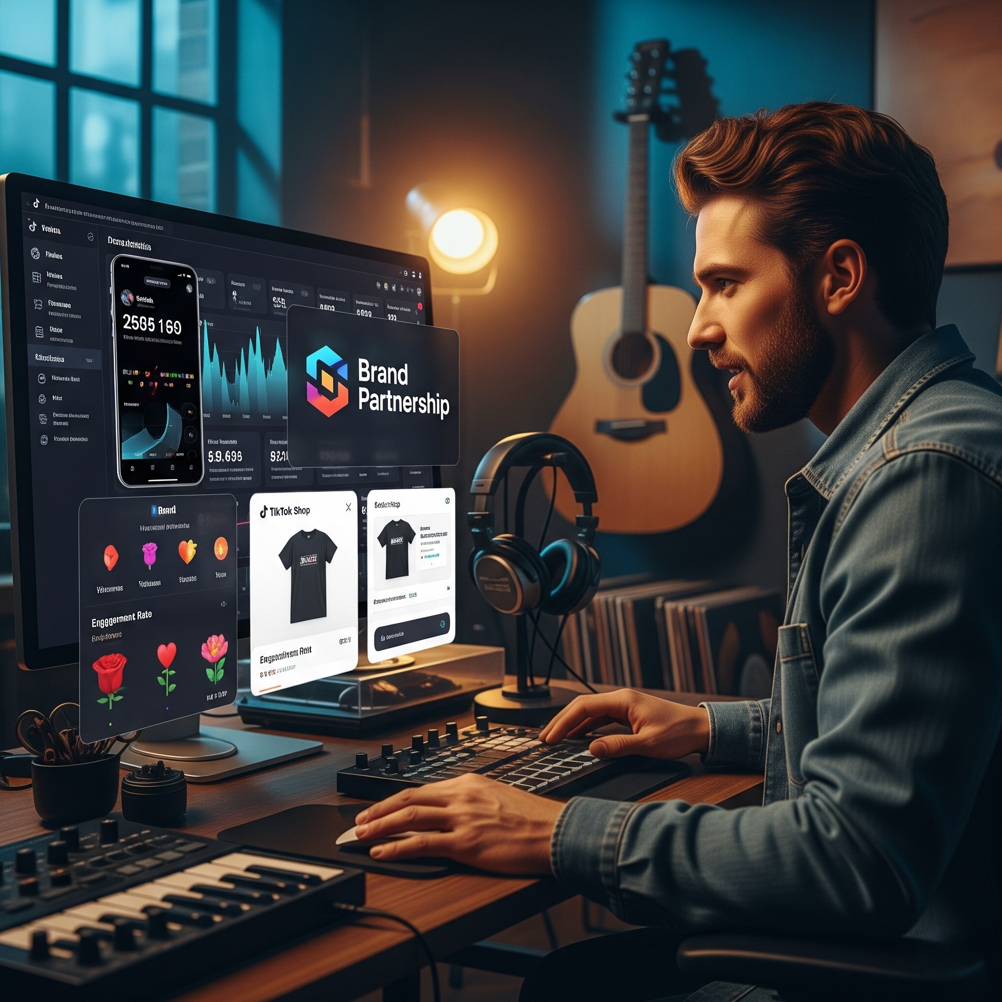 Indie artist in a home music studio reviewing a blockchain royalty token sales dashboard on a laptop