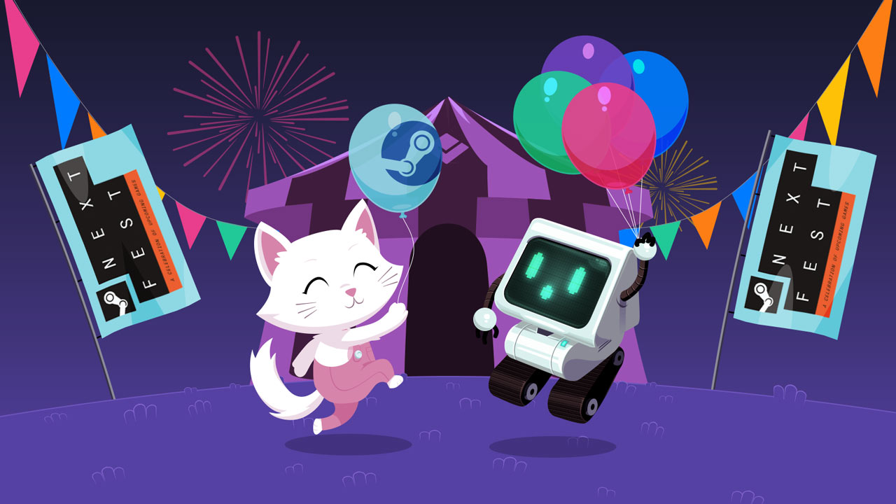 Indie game developers presenting their game at a virtual Steam festival booth, engaging with players via live demo, chat, and interactive visuals to increase Steam wishlists in 2025.