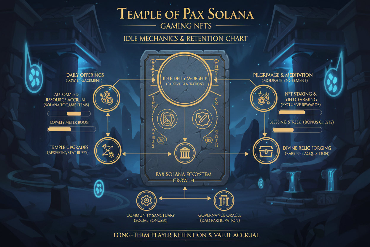 Infographic chart showing 40% higher holder retention in Temple of Pax idle mechanics vs pure grinder games Solana NFTs