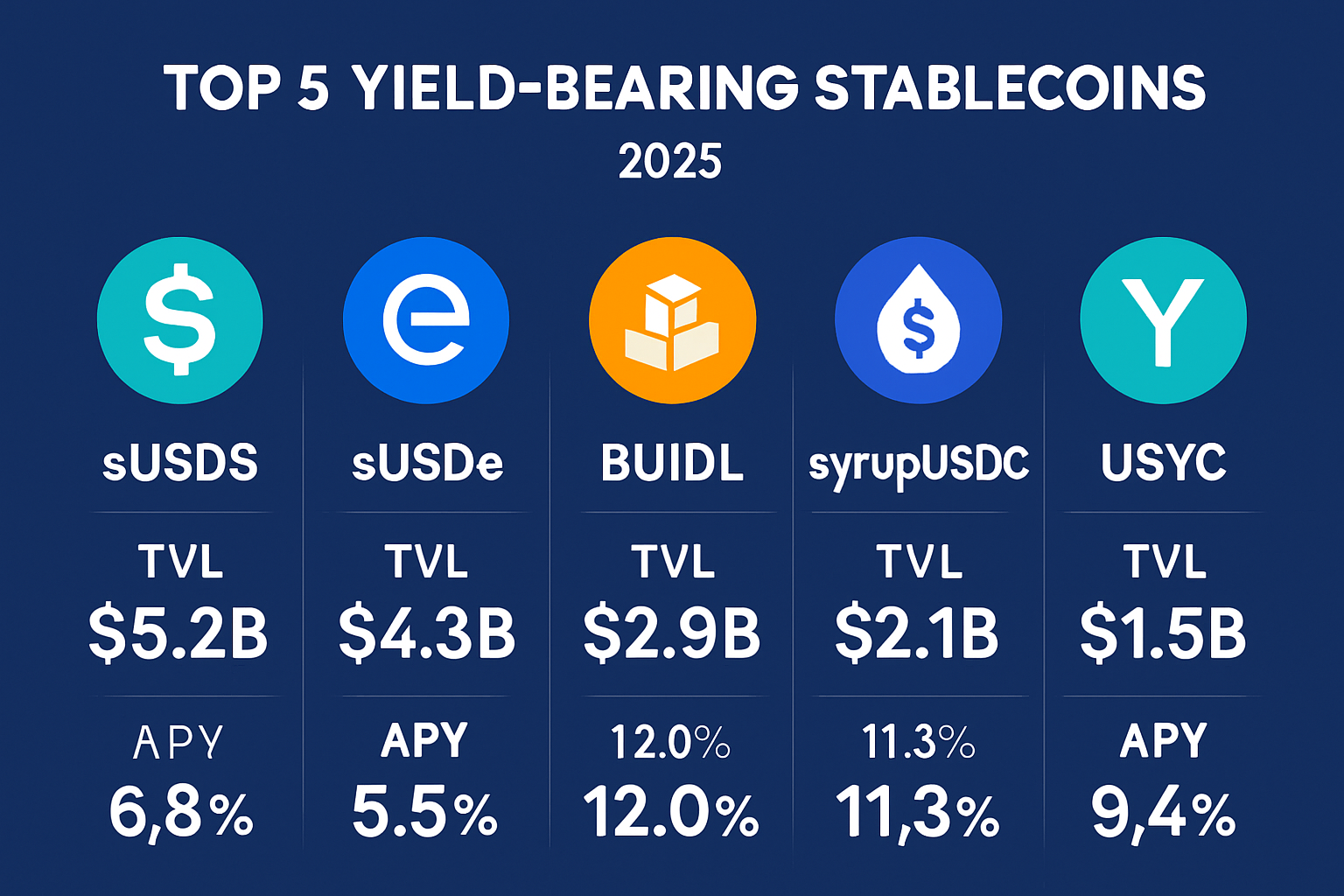 Infographic chart of 2025 top 5 yield-bearing stablecoins by TVL: sUSDS, sUSDe, BUIDL, syrupUSDC, USYC with APY comparison for DeFi investors