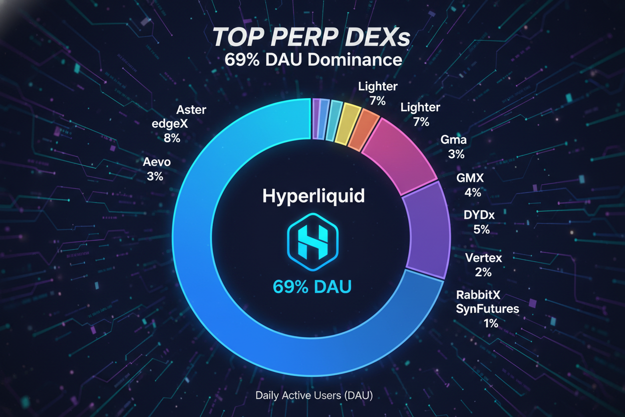 Infographic chart showing Hyperliquid's 69% DAU dominance over top 10 perp DEXs including Aster DEX, edgeX, Lighter, dYdX, GMX, Aevo, Vertex Protocol, RabbitX, SynFutures in 2026