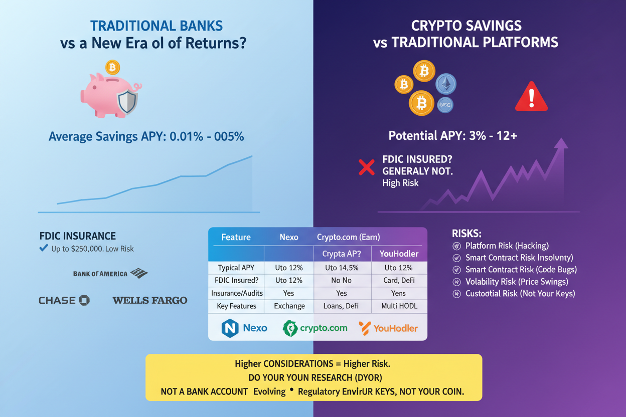 Infographic comparing 2026 high-yield savings APY rates: traditional banks at 4-5% with FDIC insurance icon vs crypto platforms like Nexo, Crypto.com, YouHodler, Ledn, OKX at 8-16% with risk warnings