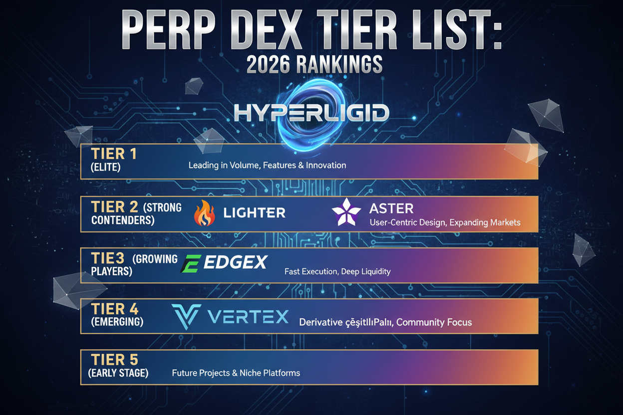 2026 Perp DEX tier list infographic: Hyperliquid S-Tier dominance, Lighter zero-fee model, Aster BNB integration, EdgeX execution speed, Vertex performance comparison for low fees high volume trading