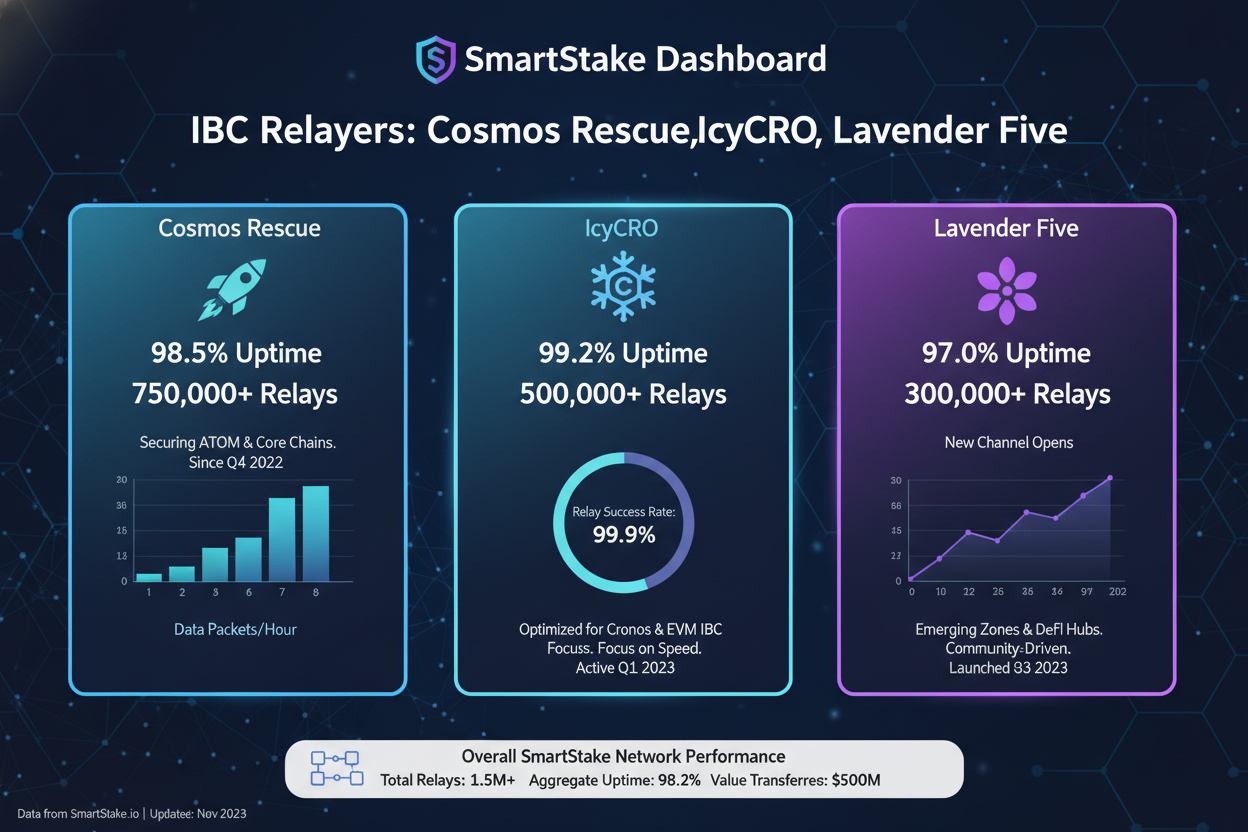 Infographic comparing performance metrics of top Cosmos IBC relayers Cosmos Rescue, IcyCRO, and Lavender Five on SmartStake dashboard 2026
