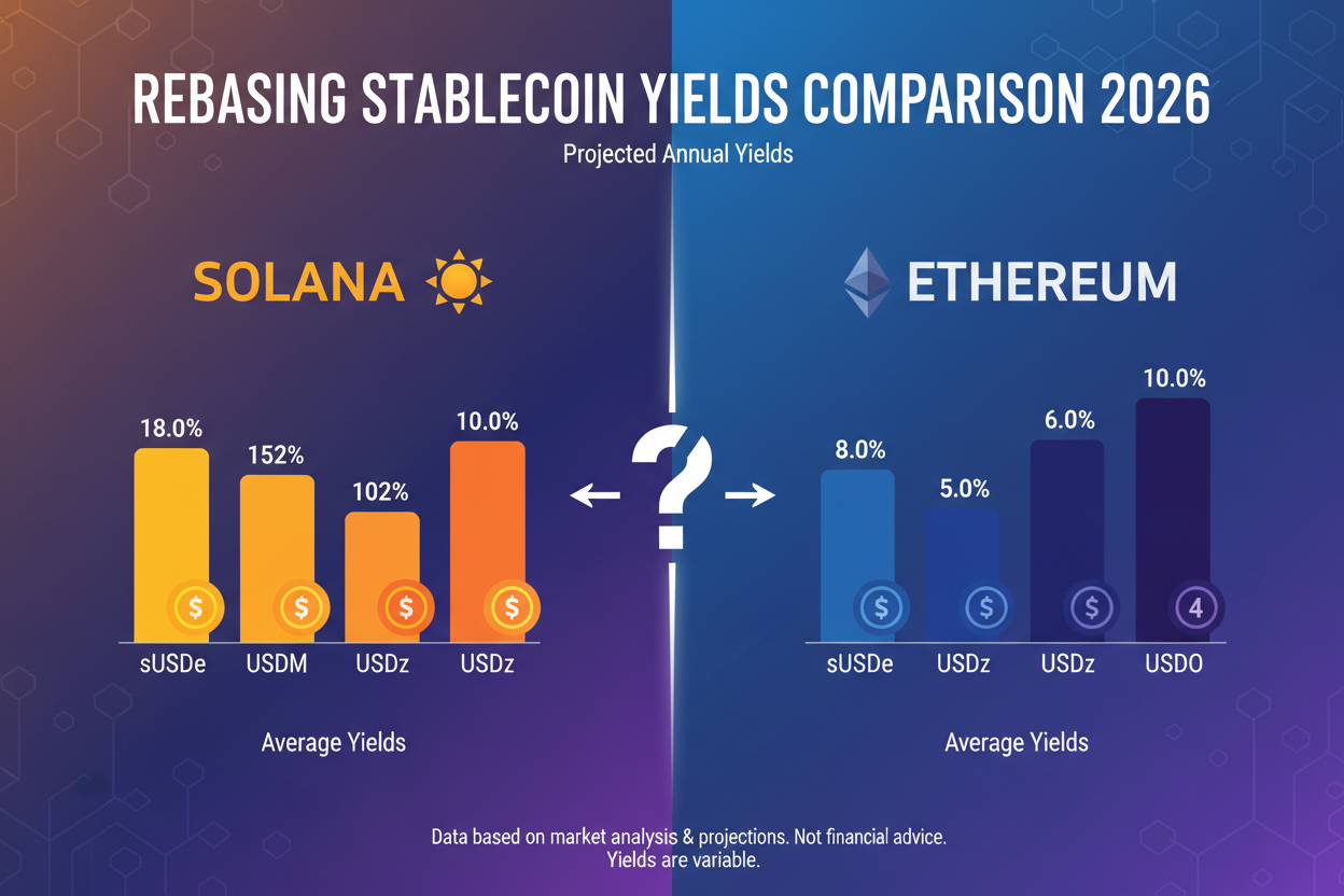 Infographic comparing yields of top Solana rebasing stablecoins sUSDe USDM USDY USDz USDO vs Ethereum in 2026 for passive income opportunities