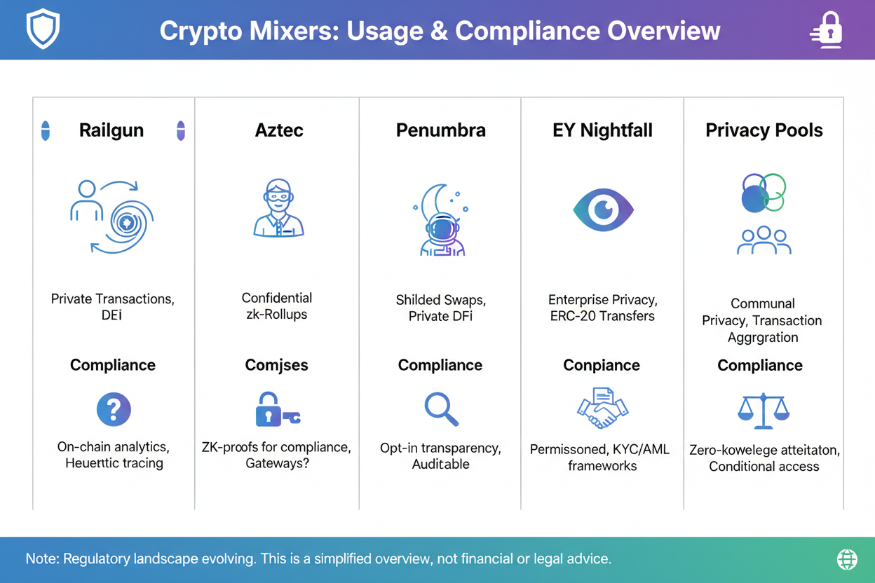 Infographic comparing top 5 regulated crypto mixers 2026: Railgun, Aztec Network, Penumbra, EY Nightfall, Privacy Pools by usage stats and compliance features post-Tornado Cash ban