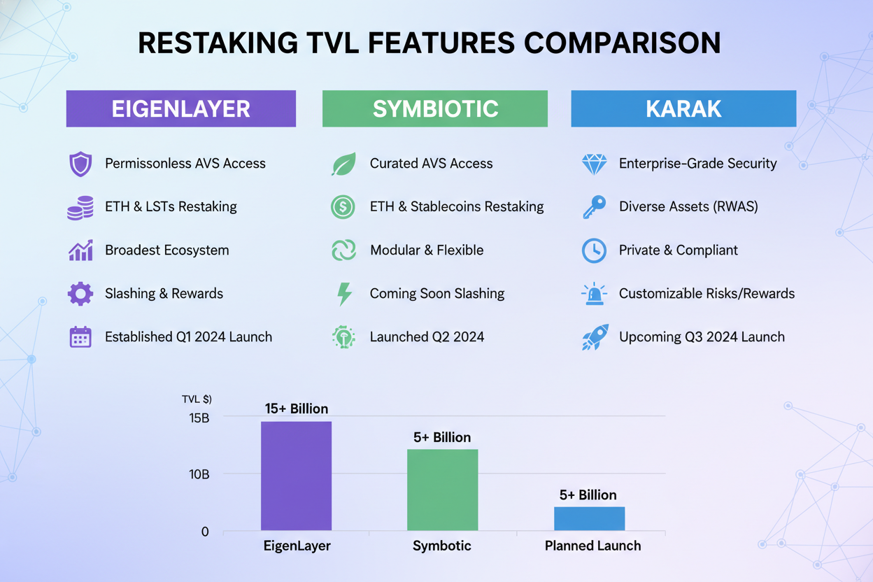 Infographic comparing TVL, features, and key differences of EigenLayer, Symbiotic, and Karak restaking platforms for middleware protocols like oracles, bridges, and DA layers