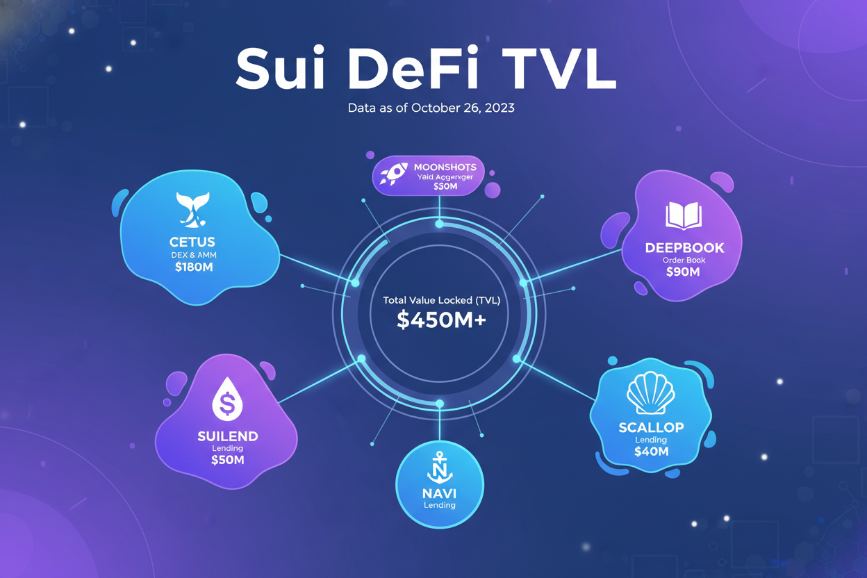 Infographic comparing TVL growth of top Sui Moonshots Program funded DeFi primitives including Cetus Protocol, DeepBook, NAVI Protocol, Suilend, Scallop, FlowX Finance, Kriya Finance, and Turbos Finance DEX and lending protocols in 2026