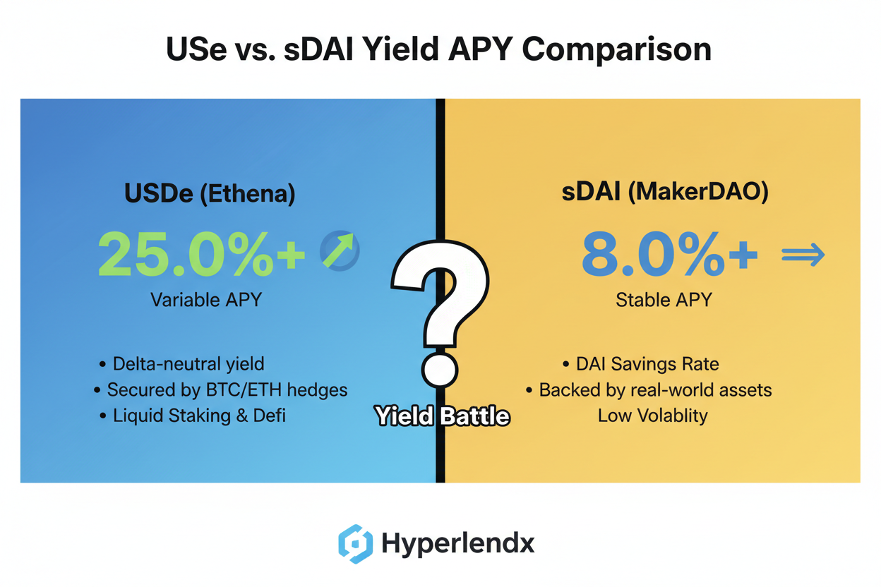 Infographic comparing USDe and sDAI yield mechanisms APY ranges rebasing stablecoins DeFi Hyperlendx Ethena MakerDAO