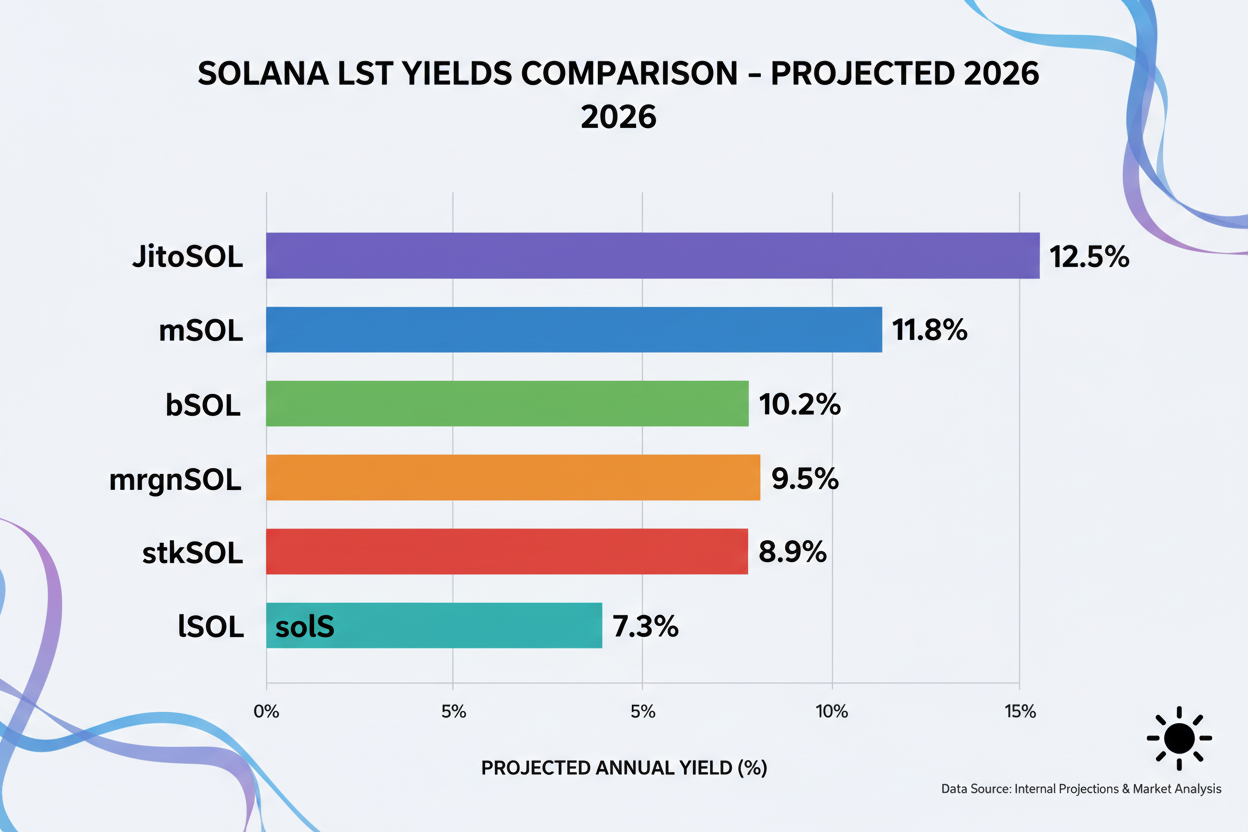 Infographic comparing 2026 APY yields of top 7 Solana liquid staking tokens LSTs JitoSOL mSOL bSOL mrgnSOL stkSOL solS lSOL highest yields liquidity DeFi
