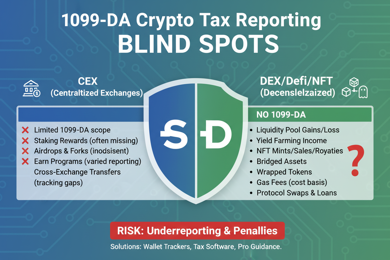 Infographic contrasting IRS Form 1099-DA tax reporting coverage for centralized exchanges (CEX) versus blind spots in DeFi DEX swaps and NFT sales