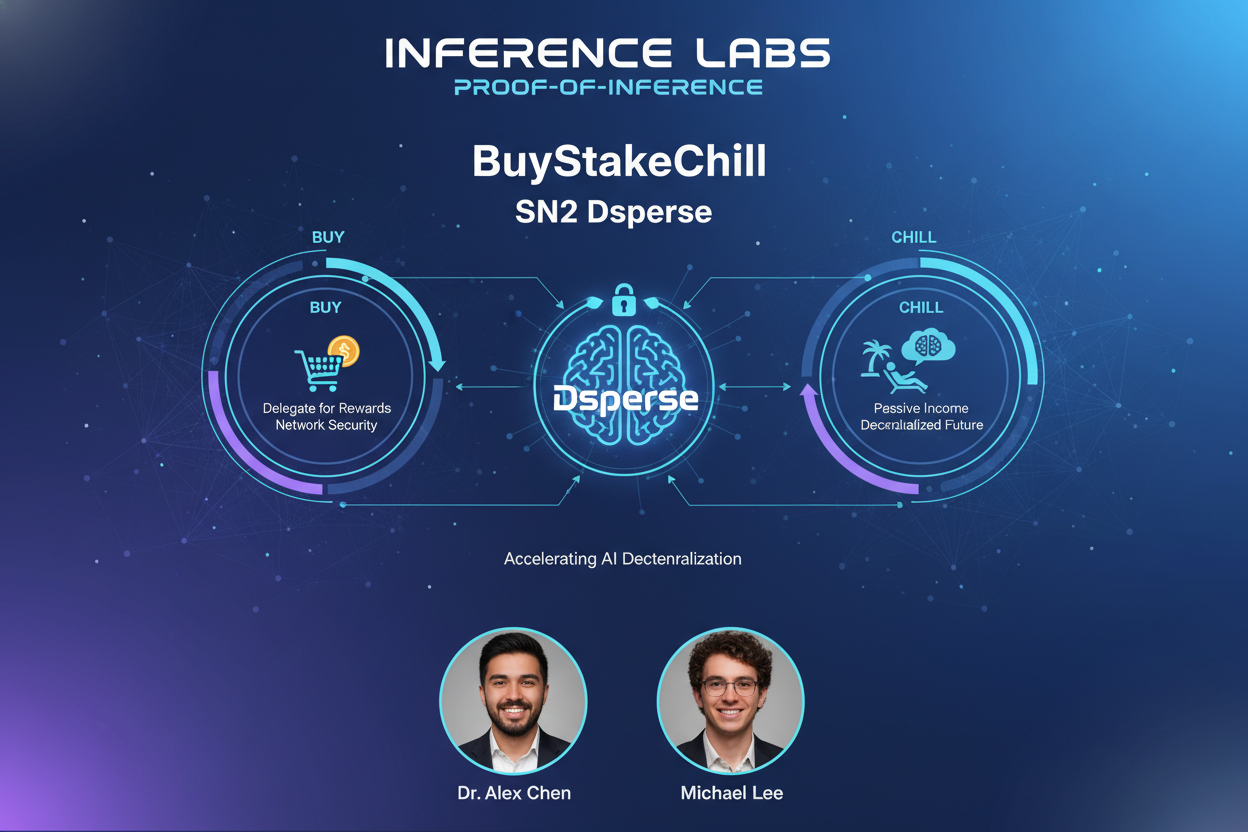 Infographic diagram from BuyStakeChill explaining Proof-of-Inference mechanism in SN2 Dsperse framework by Inference Labs founders