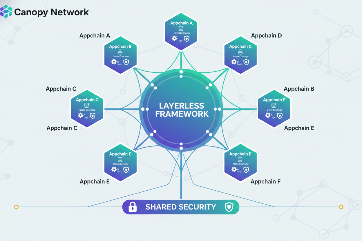 Infographic diagram of Canopy Network layerless framework for launching scalable appchains with shared security and progressive autonomy