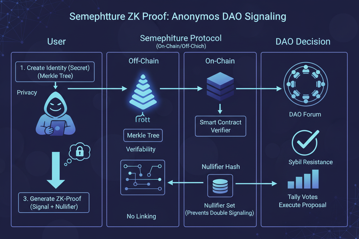 Infographic diagram of Semaphore zero-knowledge proofs enabling anonymous group signaling and voting in confidential DAOs without revealing user identities