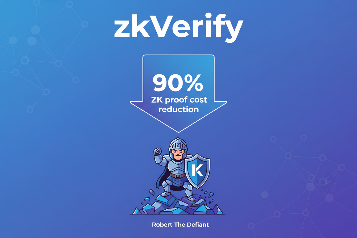 zkVerify infographic illustrating 90% collapse in ZK proof verification costs, featuring Robert insights from The Defiant channel interview