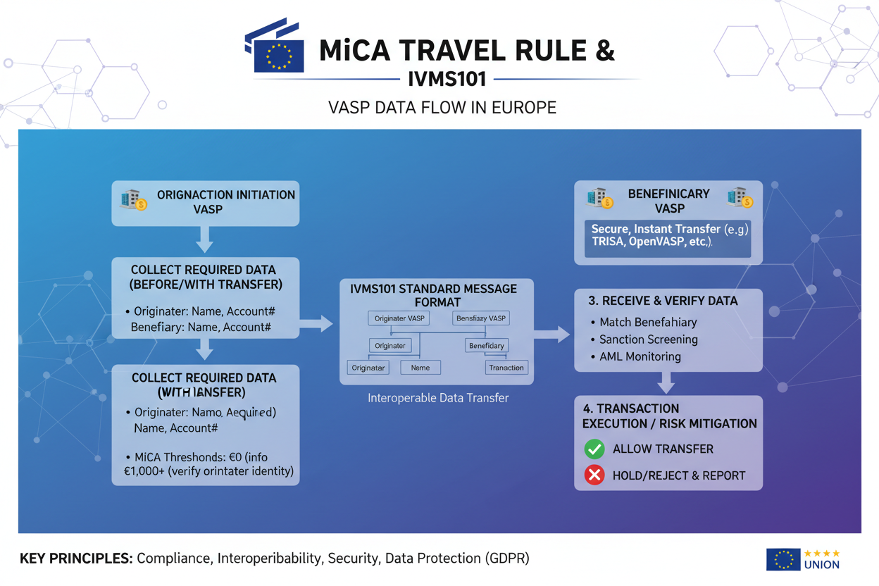 Infographic illustrating MiCA Travel Rule data flow between European VASPs using IVMS101 standard for crypto compliance