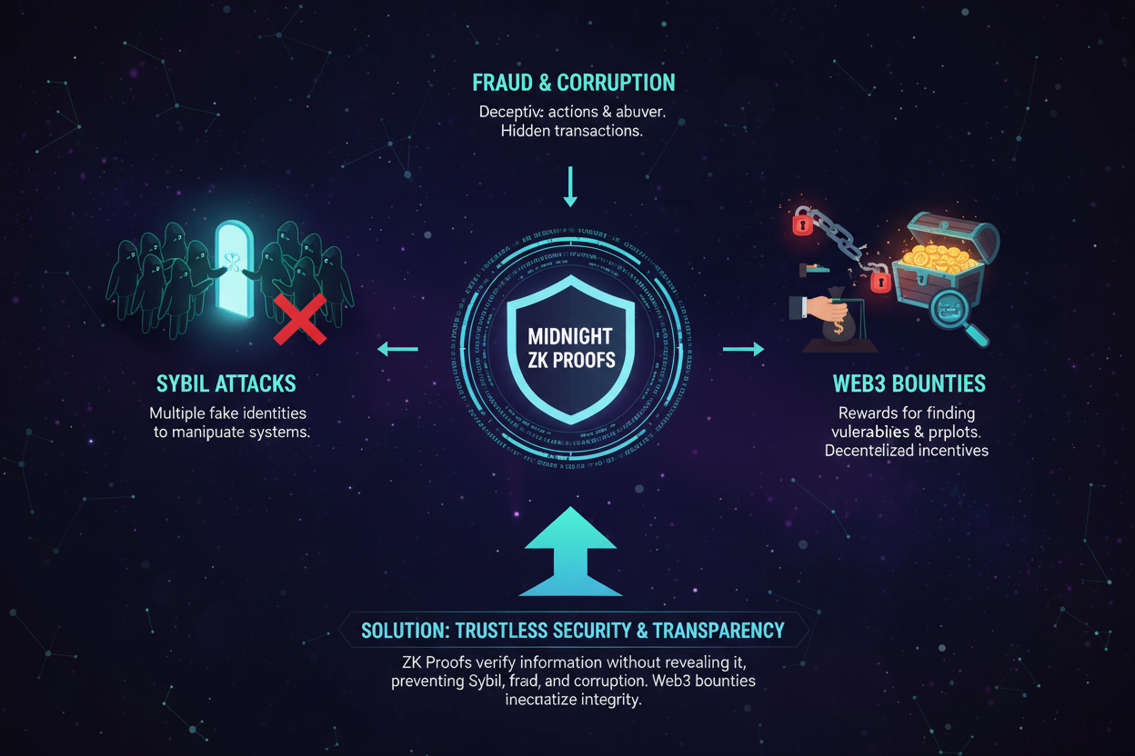 Infographic illustrating Midnight ZK proofs combating fraud, corruption, and Sybil attacks in Web3 bounties on zkverifiedtasks.com