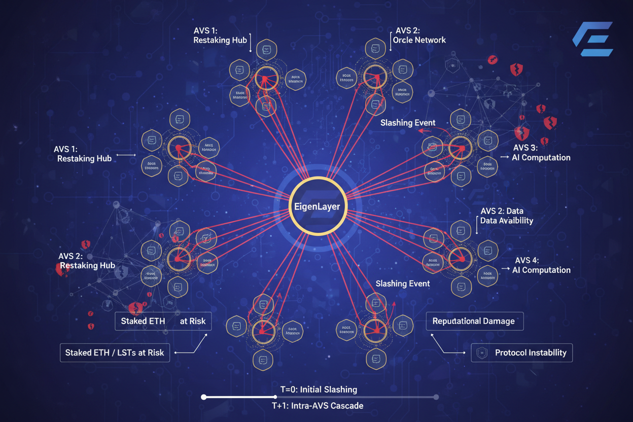 Infographic illustrating slashing cascade risks in EigenLayer multi-AVS environment with interconnected nodes, highlighting operator centralization and governance flaws in restaking