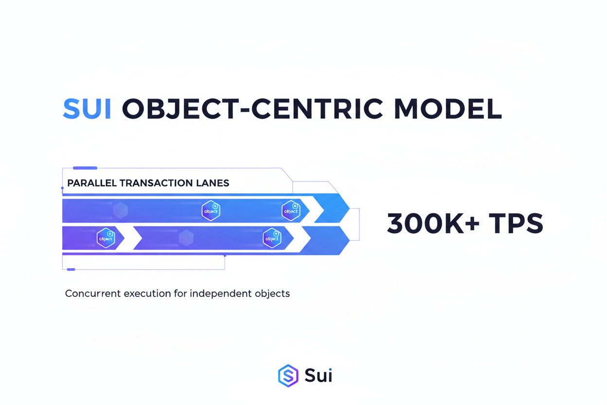 Infographic illustrating Sui blockchain's object-centric model with parallel transaction lanes enabling 300K TPS scalability for high-performance dApps