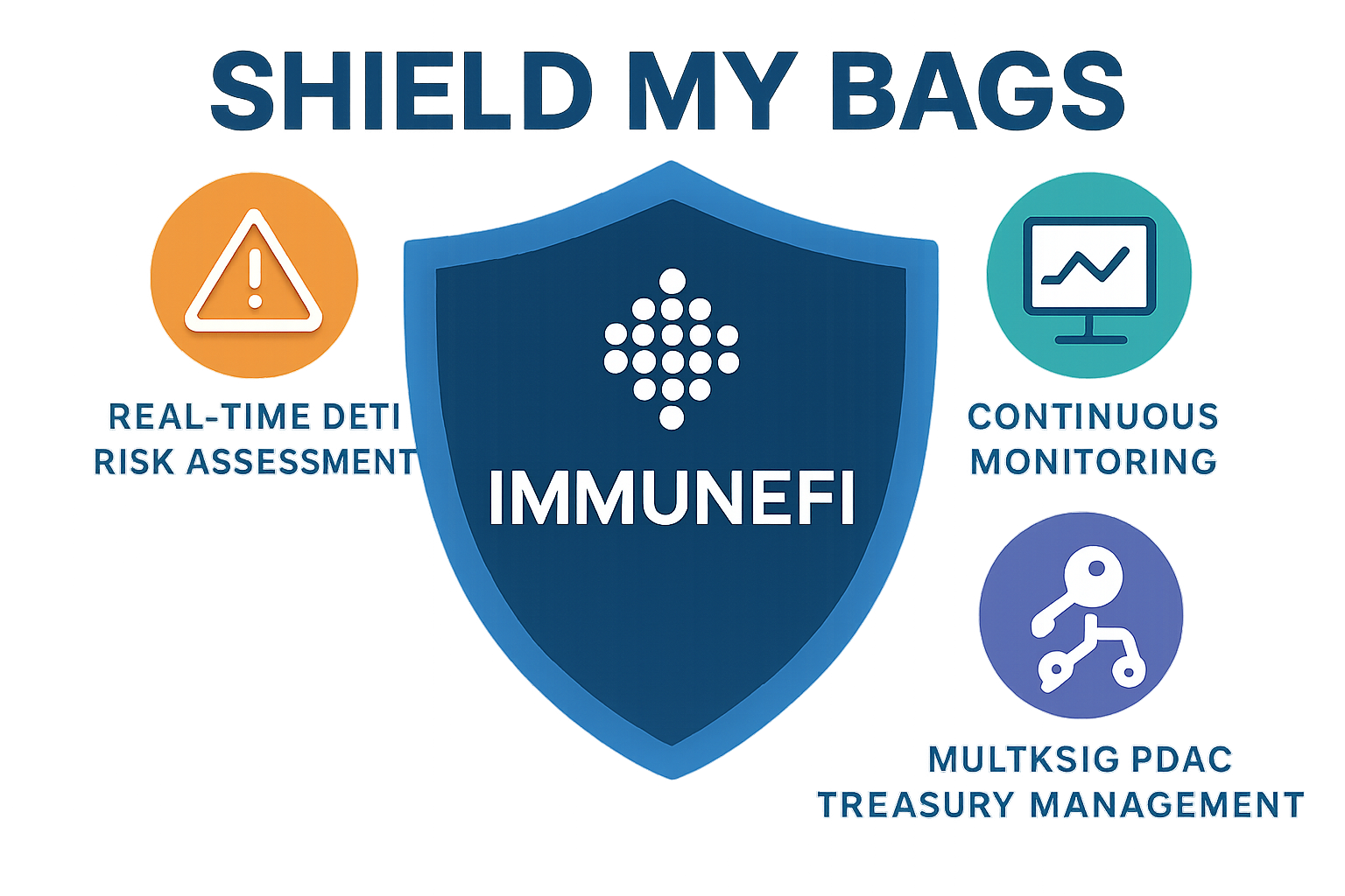 Infographic showing the flow between Shield My Bags real-time DeFi risk assessment, continuous smart contract monitoring, and secure treasury management with multi-sig and RBAC controls in 2025.
