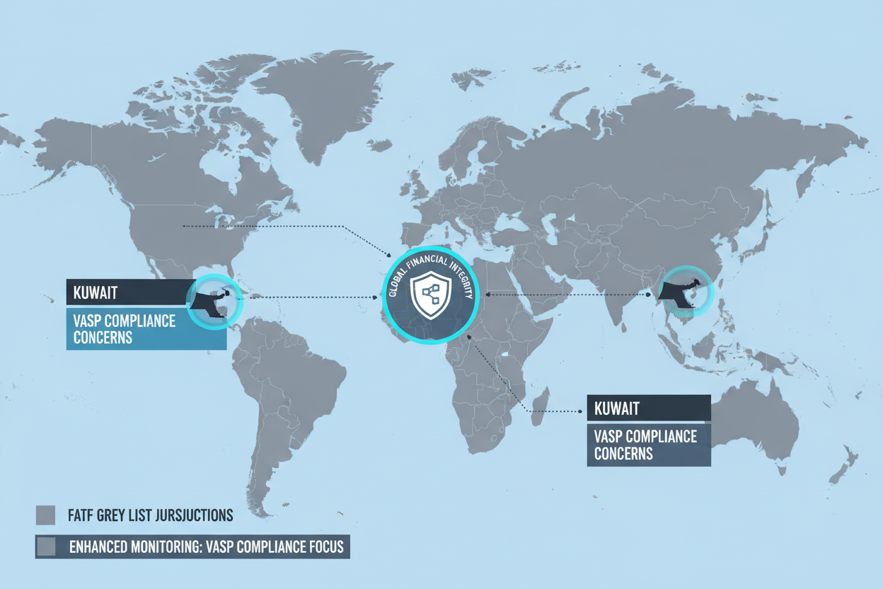 Infographic world map of FATF grey list jurisdictions updated February 2026 highlighting new additions Kuwait and Papua New Guinea with VASP Travel Rule compliance icons