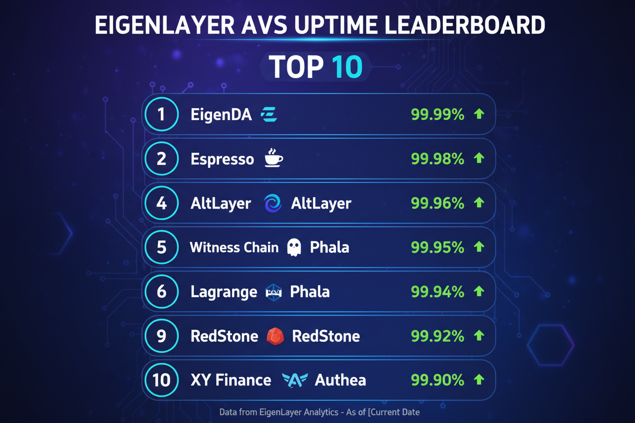 2026 EigenLayer AVS Uptime Leaderboard infographic top 10 services: EigenDA, Espresso Systems, AltLayer, Witness Chain, Phala Network, Lagrange, Hyperlane, RedStone Oracle, Authea, XY Finance with uptime percentages and rewards impact for node runners
