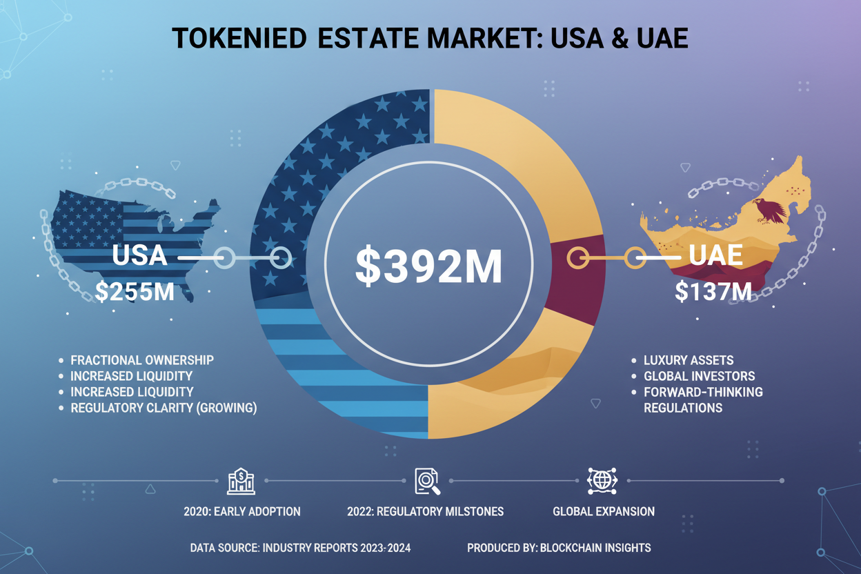 Infographic pie chart of $392.5M tokenized real estate market showing 80% USA and UAE dominance in blockchain RWA sector