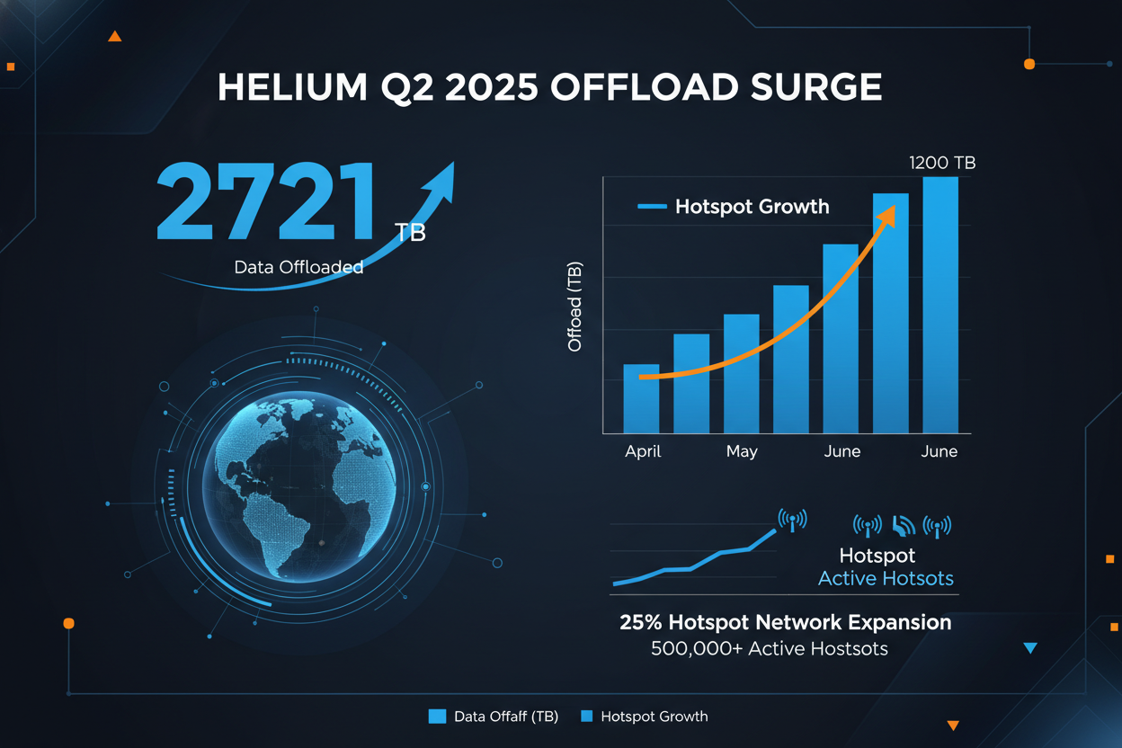 Infographic of Helium Network Q2 2025 carrier offload surge to 2,721 TB with hotspot growth chart