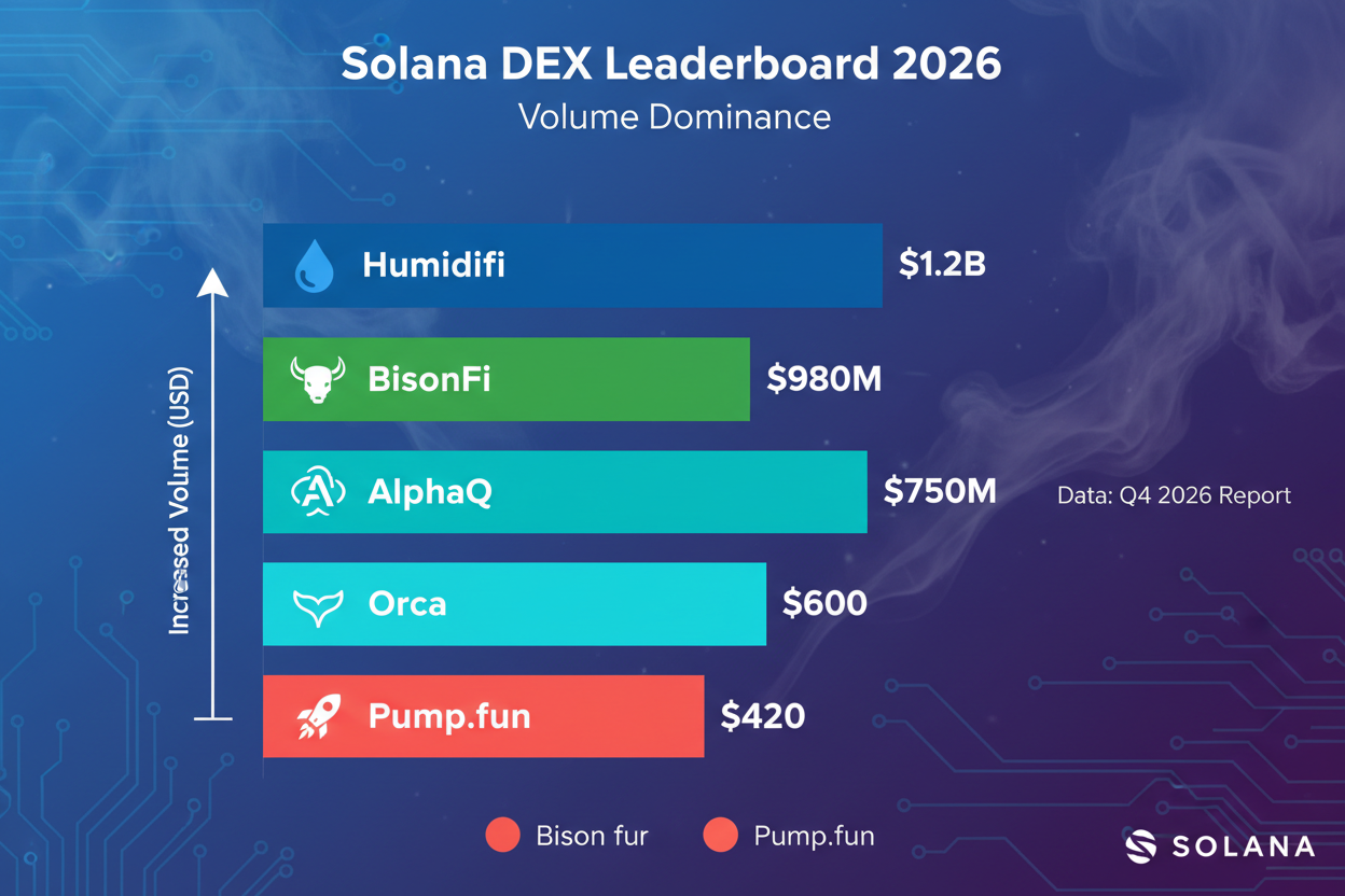Infographic of 2026 Solana DEX leaderboard ranking Humidifi, BisonFi, AlphaQ, Orca, and Pump.fun by 24H trading volume with Humidifi in top position