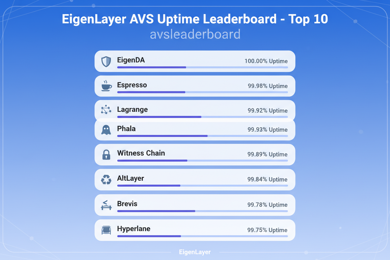 Infographic of top 10 AVS uptime leaderboard rankings for EigenLayer 2026 from avsleaderboard.com featuring EigenDA, Espresso Systems, Lagrange, Phala Network, Witness Chain, AltLayer, Reclaim Protocol, Brevis, Hyperlane, Taiko