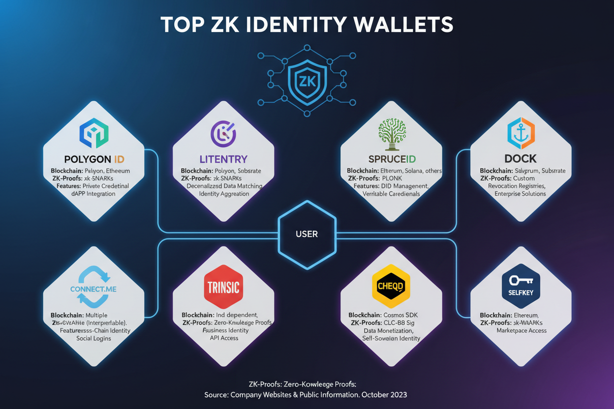 Infographic of top 8 zk identity wallets for self-sovereign ID in 2026: Polygon ID, Litentry Wallet, SpruceID, Dock Wallet, Connect.Me, Trinsic Wallet, cheqd Wallet, SelfKey Wallet interfaces and zk proof flows