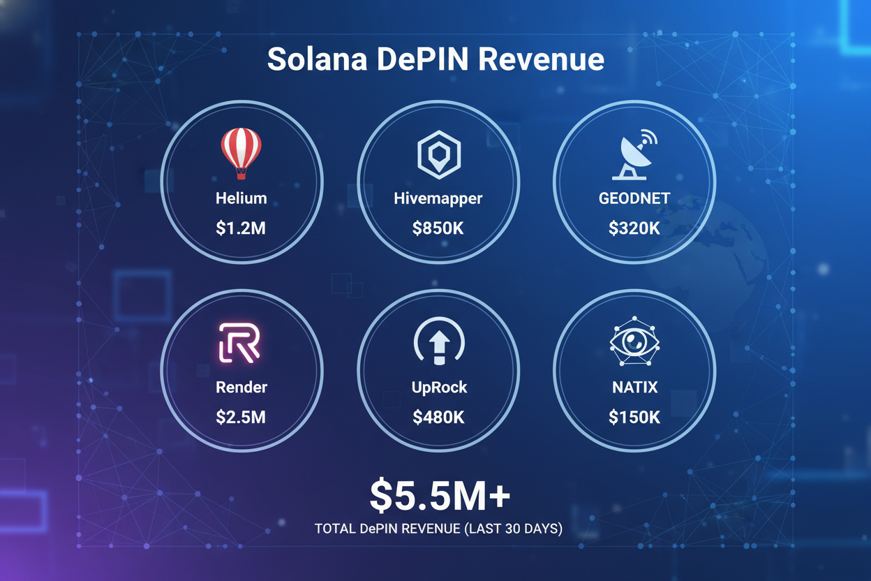 Infographic of top Solana DePIN projects by revenue featuring Helium, Hivemapper, GEODNET, Render, UpRock, NATIX leaders in wireless mapping geospatial compute AI networks