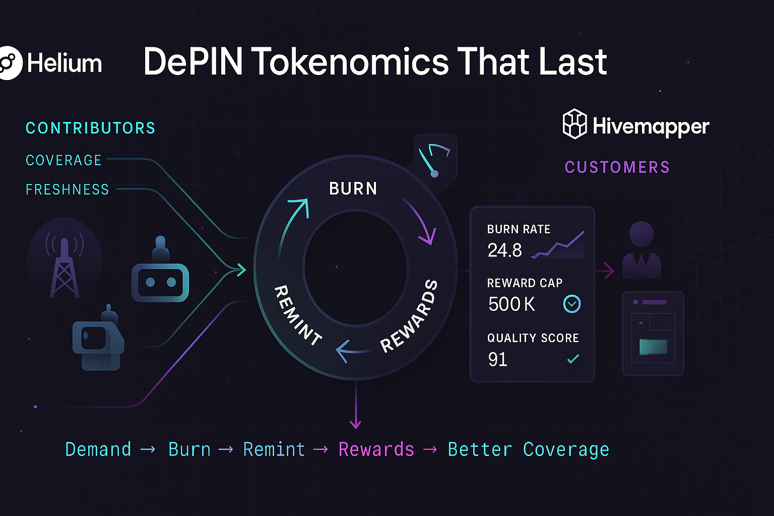 Infographic on Solana DePIN basics featuring Helium decentralized wireless hotspots and Hivemapper dashcam mapping network examples