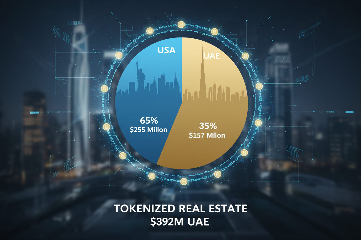 Infographic pie chart showing USA and UAE dominance in the $392.5M tokenized real estate market with 58 assets across 10 countries