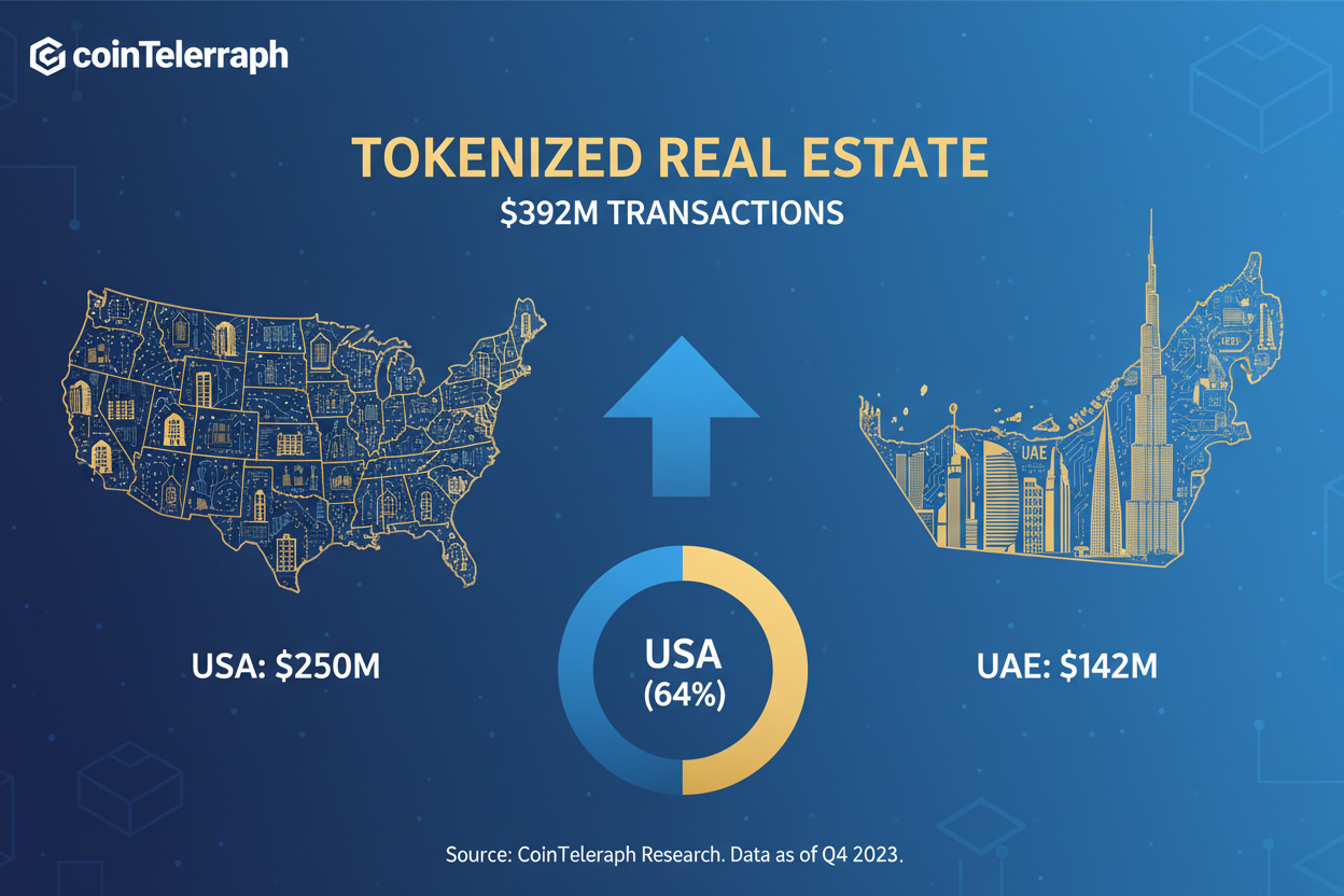 Infographic illustrating the $392M tokenized real estate market across 58 assets, dominated by USA at $145M and UAE at $129M