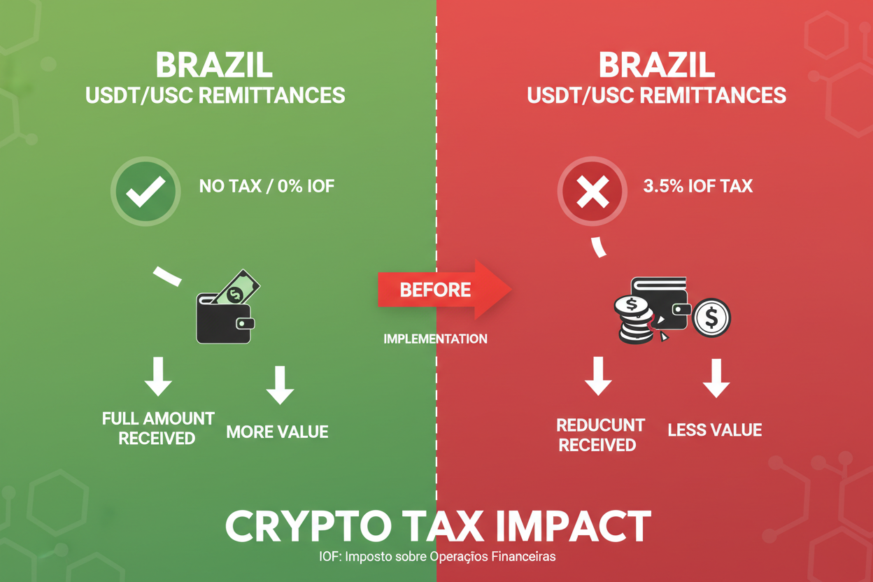 Infographic showing Brazil's 3.5% IOF tax impact on USDT USDC remittances to BRL with before-after cost comparison for migrants
