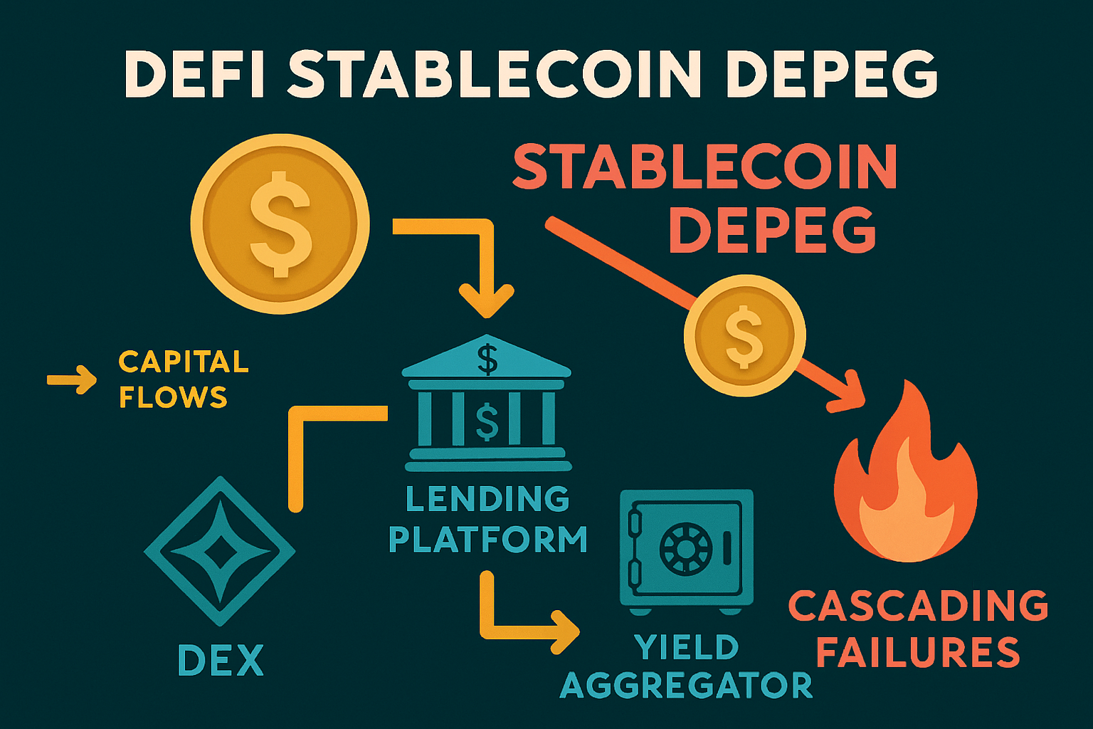 Infographic illustrating capital flows and cascading failures during a stablecoin depeg event in DeFi protocols, highlighting interconnected risks and liquidation processes.