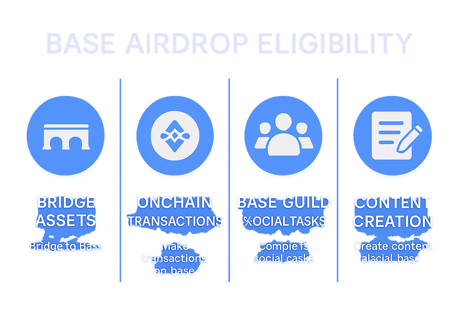 Infographic illustrating the four main eligibility criteria for the Base airdrop: bridging assets to Base, engaging in onchain transactions, participating in Base Guild social tasks, and creating content about Base.
