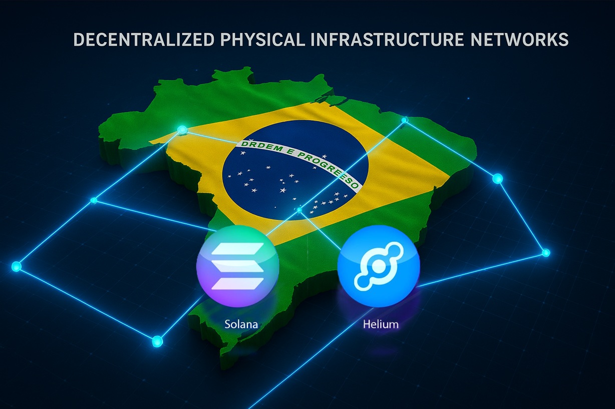 Infographic map of Helium Network Brazil expansion with 40,000 Mambo WiFi access points overlaid on major cities and carrier offload projections