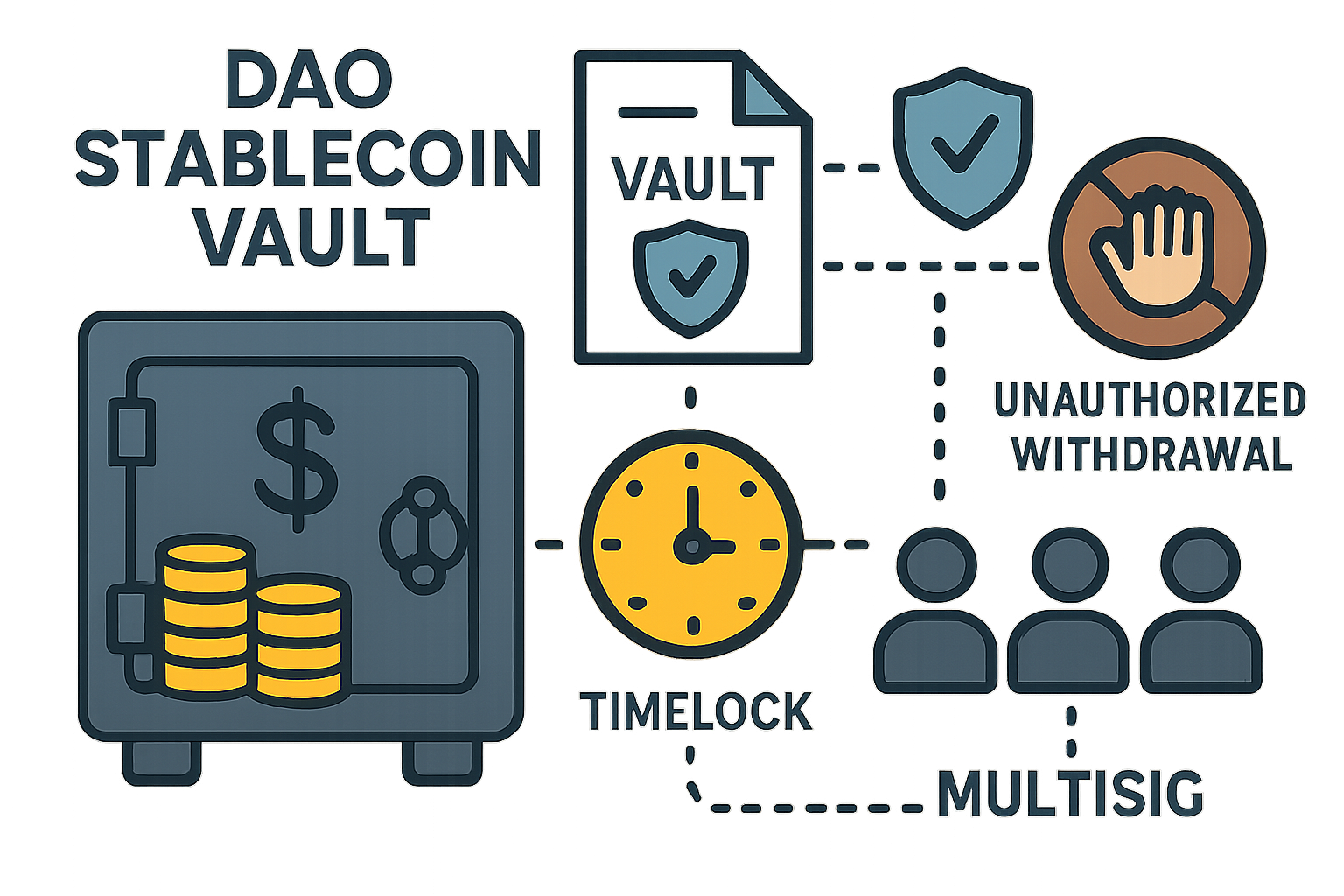 Infographic illustrating how timelocks secure DAO stablecoin vaults by delaying withdrawals and preventing unauthorized access, featuring multisig controls, audited smart contracts, diversification, and real-time monitoring.