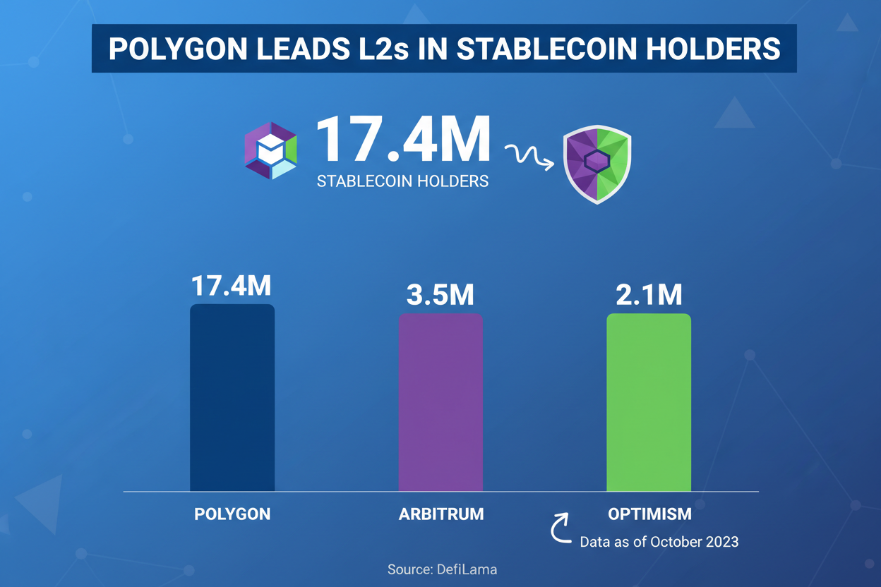 Infographic showing Polygon leading Layer 2 networks with 17.4 million stablecoin holders surpassing Arbitrum and Optimism in 2026