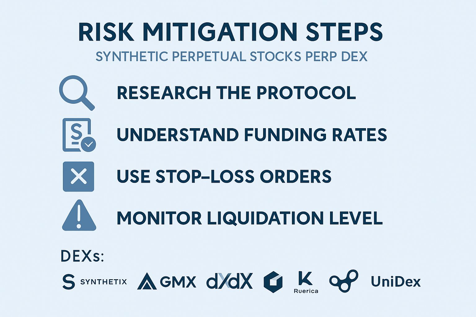 Infographic illustrating risk mitigation steps for trading synthetic perpetual stocks on top Perp DEX platforms like Synthetix Perps, GMX, dYdX, Gains Network, Kwenta, Polynomial, and UniDex in 2024.